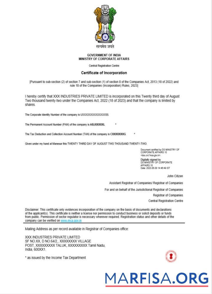 Realistic India certificate of incorporation registration Word and PDF template, version 2